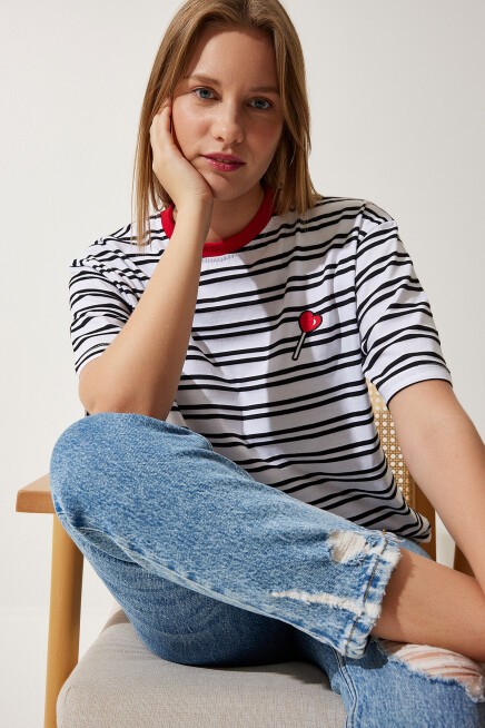 BİSİKLET YAKA ÇİZGİLİ ÖRME T-SHİRT