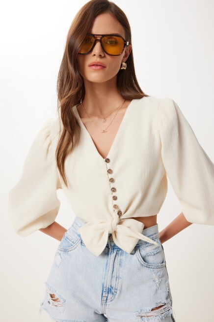Bağlama Detaylı Crop Keten Bluz KREM HBV0007
