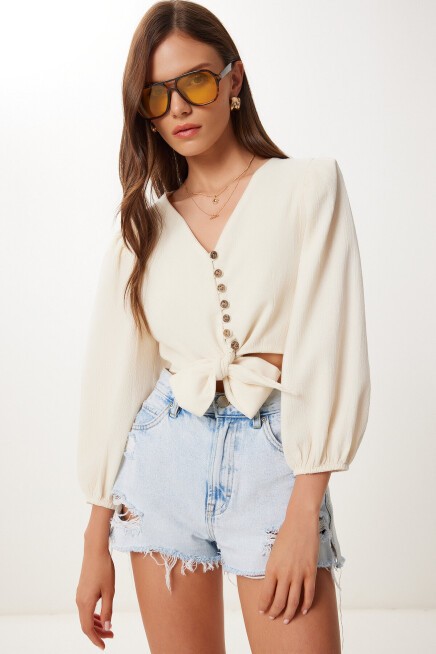 Bağlama Detaylı Crop Keten Bluz KREM HBV0007