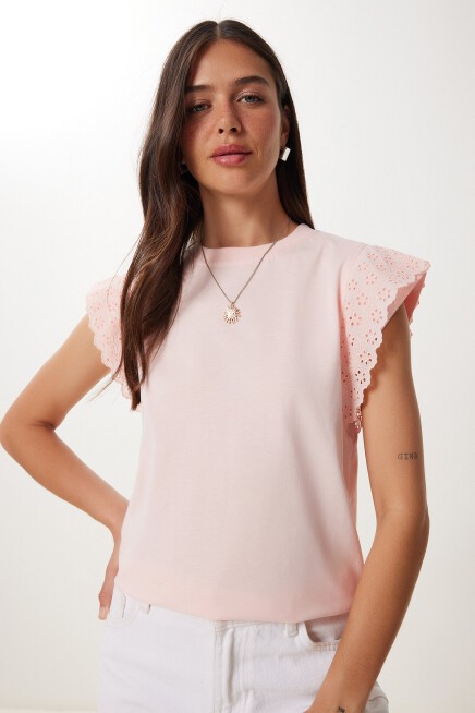 Fistolu Esnek Viskon Örme T-shirt AÇIK PEMBE HCR0001
