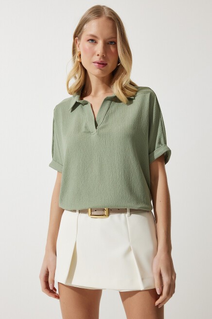 POLO YAKA ÖRME KRİNKIL BLUZ