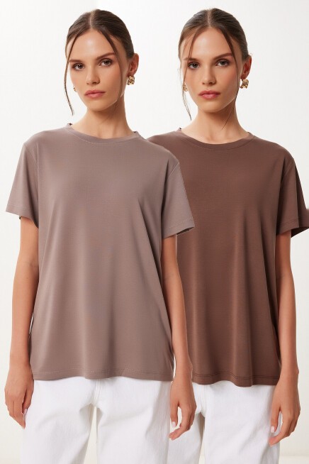 2’li Paket Basic Modal Örme T-shirt VİZON KAHVERENGİ HFN0002