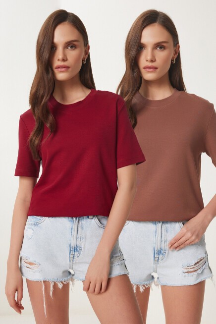 2li Paket Pamuklu Basic Örme T-shirt BORDO KAHVERENGİ LAG0002