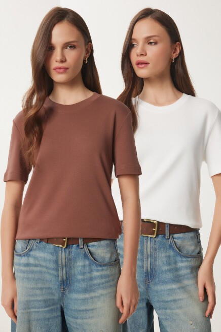 2li Paket Pamuklu Basic Örme T-shirt KAHVERENGİ BEYAZ LAG0002