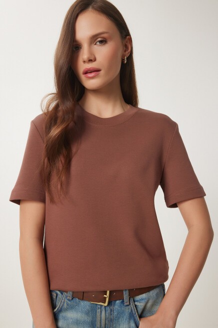 2li Paket Pamuklu Basic Örme T-shirt KAHVERENGİ BEYAZ LAG0002