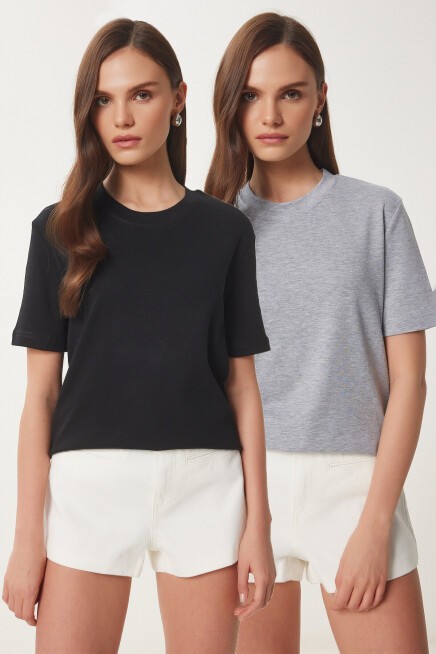 2li Paket Pamuklu Basic Örme T-shirt SİYAH GRİ MELANJ LAG0002