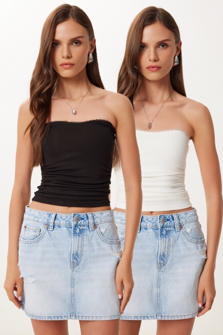 2’li Paket Straplez Büzgülü Esnek Örme Bluz SİYAH KEMİK HZV0001