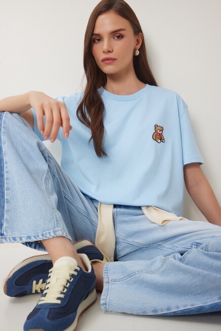 Ayıcık İşlemeli Pamuklu Örme T-shirt GÖK MAVİ LAV0005