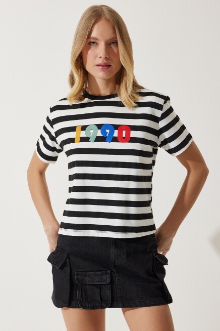 Baskılı Çizgili Örme T-shirt SİYAH BEYAZ LAN0038