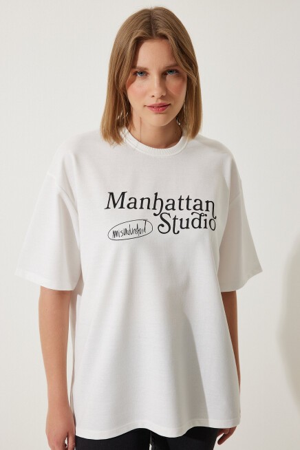 Baskılı Oversize İki İplik Örme T-shirt BEYAZ LAN0037