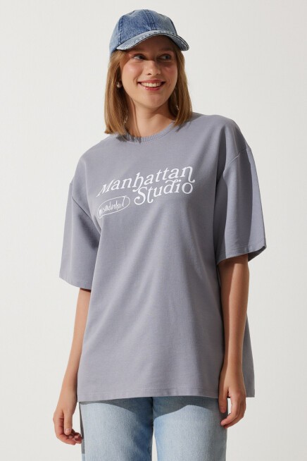 Baskılı Oversize İki İplik Örme T-shirt GRİ LAN0037