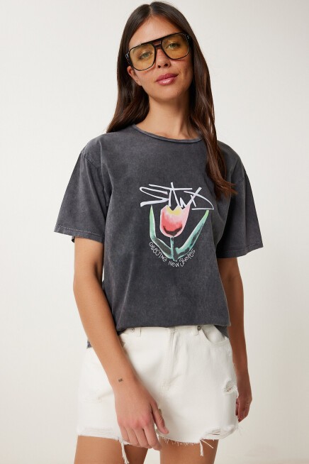 Baskılı Yıkamalı Esnek Örme T-shirt ANTRASİT LAN0034