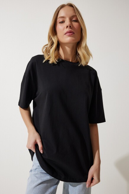Bisiklet Yaka Kısa Kollu Basic Oversize Örme T-shirt SİYAH LBF0003