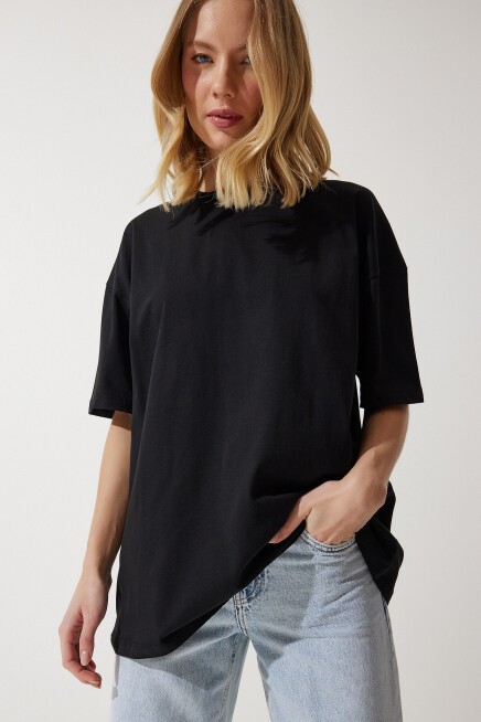 Bisiklet Yaka Kısa Kollu Basic Oversize Örme T-shirt SİYAH LBF0003