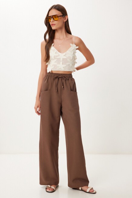 Cepli Geniş Paça Keten Pantolon KAHVERENGİ LBV0062