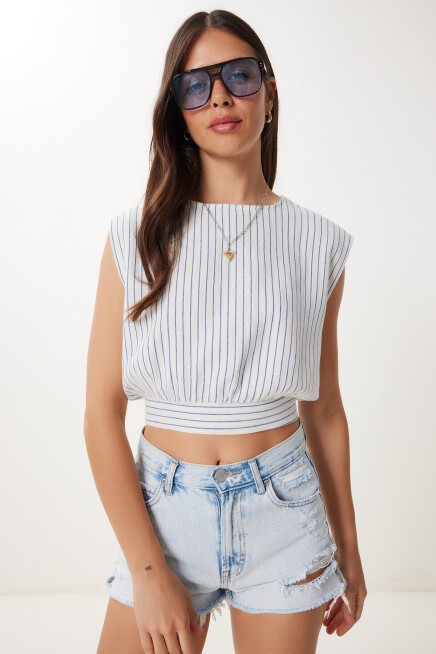 Çizgili Müslin Crop Bluz EKRU MAVİ HGP0001