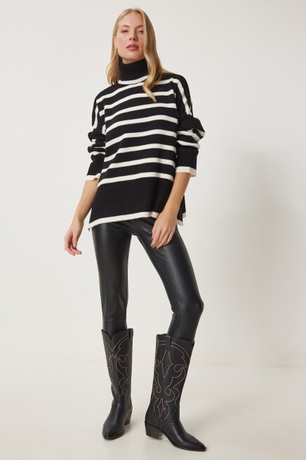 Çizgili Oversize Triko Kazak SİYAH EKRU LBV0053