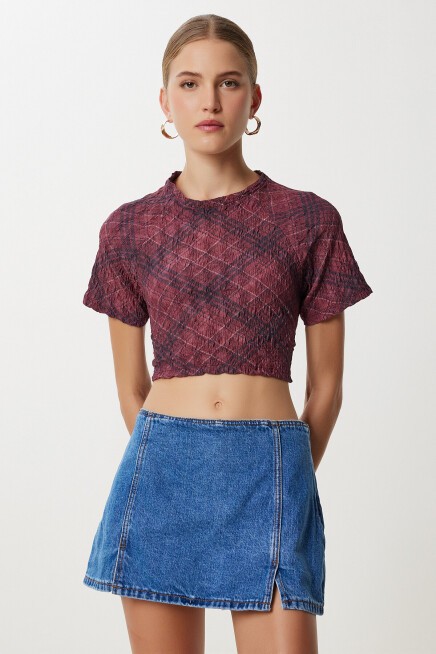 Desenli Crop Krinkıl Bluz BORDO LAN0048
