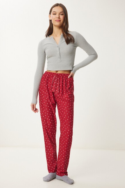 Desenli Yumuşak Dokulu Örme Pijama Altı BORDO LCE0002