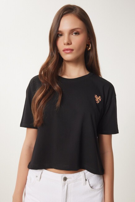 Kalp Baskılı Pamuklu Kısa Örme T-Shirt SİYAH LAN0024
