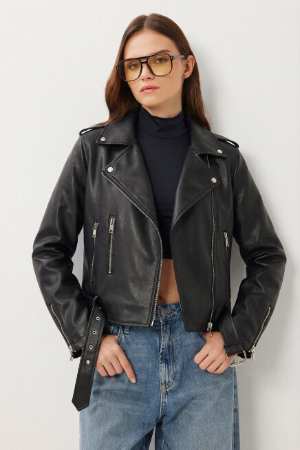 Kemerli Suni Deri Biker Ceket SİYAH LAX0003