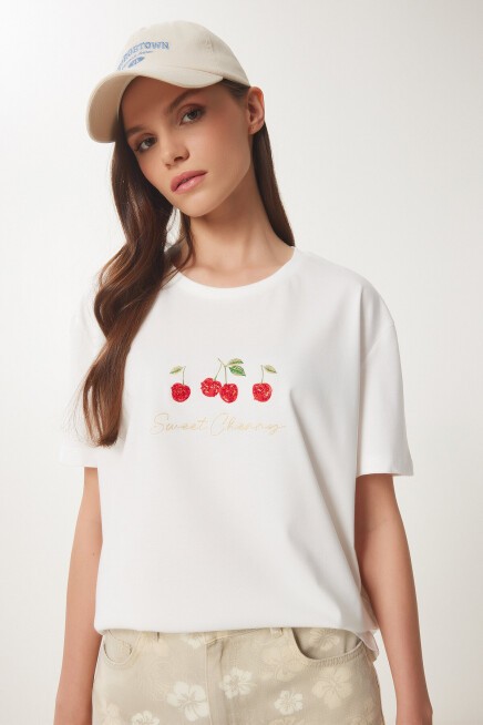 Kiraz Baskılı Pamuklu Örme T-shirt EKRU LAV0007