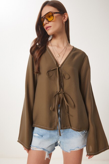 Kontrast Şeritli Bağlamalı Yazlık Bluz HAKİ LBV0060