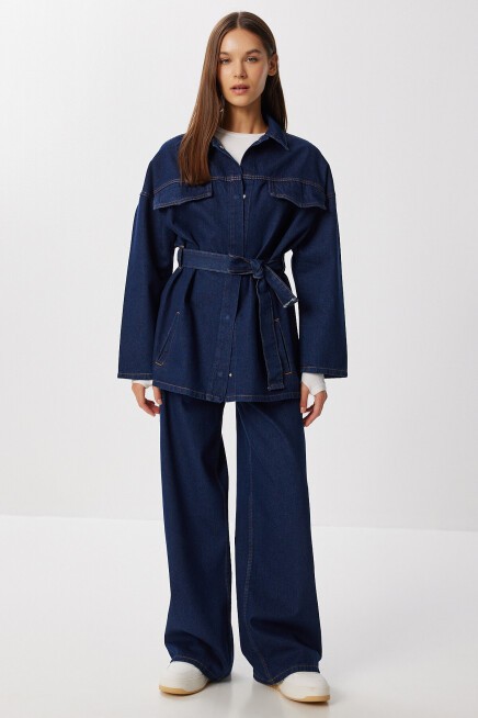 Kuşaklı Denim Ceket Pantolon Takım 1935 KOYU MAVİ LAN0075