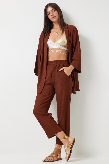 Örme Kimono Pantolon Takımı KAHVERENGİ LBY0001
