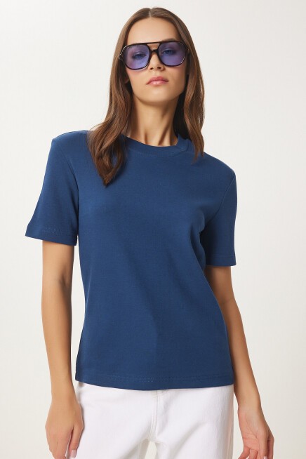 Pamuklu Basic Örme T-shirt KOBALT MAVİ LAG0001