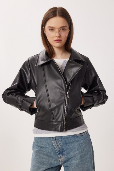 Suni Deri Biker Ceket SİYAH LAX0007
