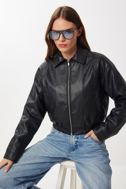 Suni Deri Bomber Ceket SİYAH LAX0002