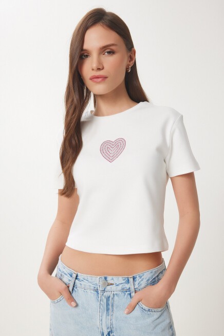 Taşlı Kalp Detaylı Crop Örme T-shirt EKRU LBV0058