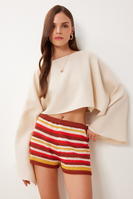 Yarasa Kollu Crop Müslin Bluz KREM HRG0001