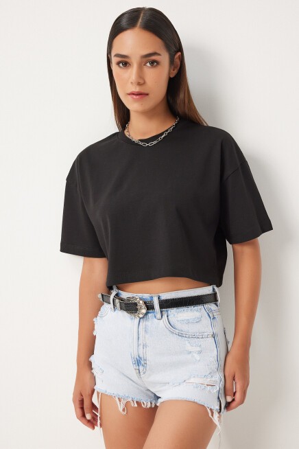 %100 Pamuk Oversize Crop Örme T-shirt SİYAH LBP0022