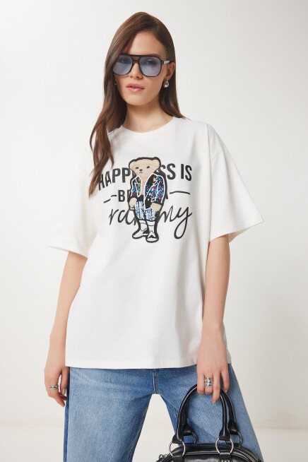 Ayıcık Armalı Pamuklu Oversize Örme T-shirt EKRU LCR0035