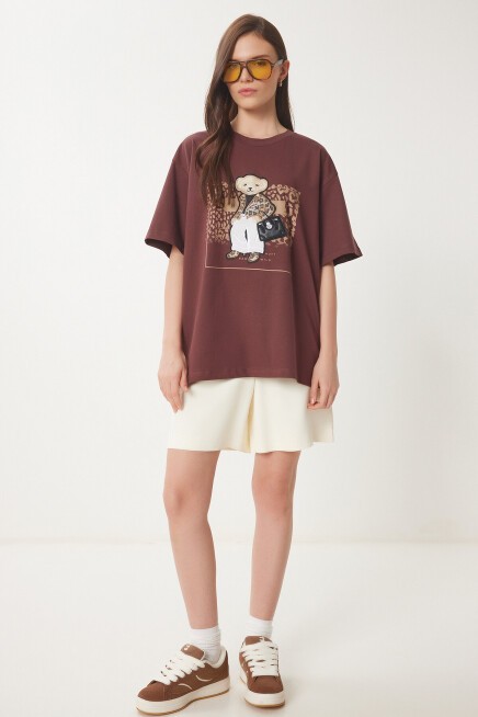 Ayıcık Armalı Pamuklu Oversize Örme T-shirt KAHVERENGİ LCR0038
