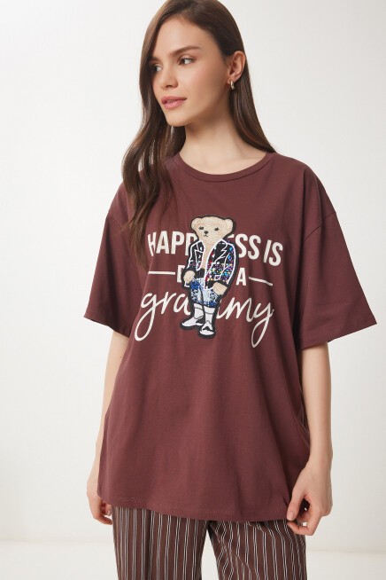 Ayıcık Armalı Pamuklu Oversize Örme T-shirt KAHVERENGİ LCR0035