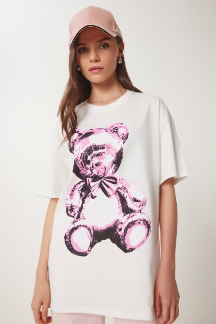 Ayıcık Baskılı Pamuklu Oversize Örme T-shirt EKRU LCR0045