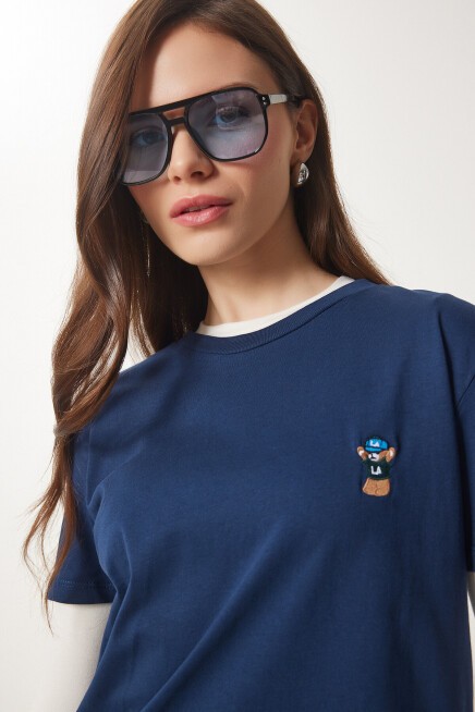 Ayıcık İşlemeli Pamuklu Örme T-shirt LACİVERT LCR0029