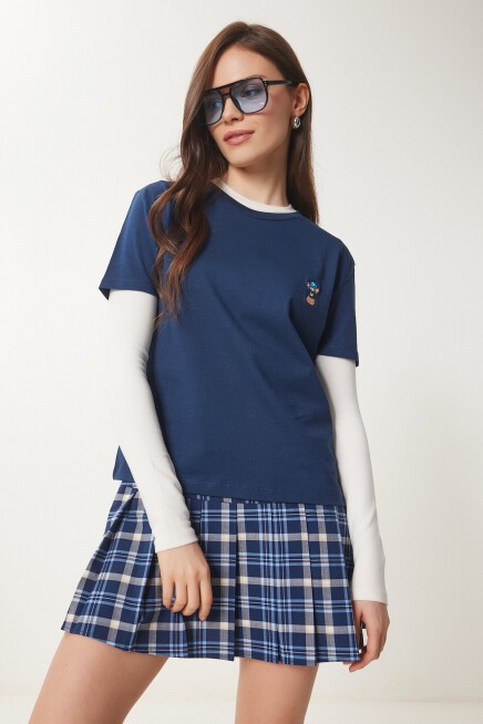 Ayıcık İşlemeli Pamuklu Örme T-shirt LACİVERT LCR0029