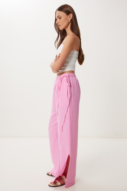 Bağlama Detaylı Yırtmaçlı Müslin Pantolon PEMBE LBV0066