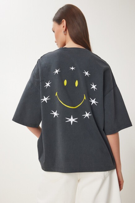 Baskılı Oversize Yıkamalı Örme T-shirt FÜME LCR0084