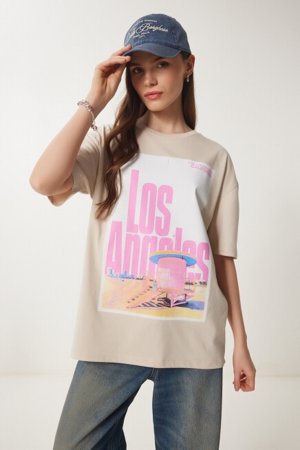 Baskılı Pamuklu Oversize Örme T-shirt KREM LCR0021