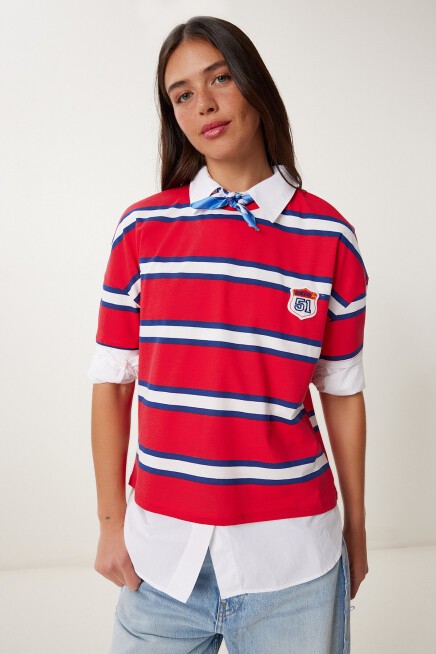 Çizgili Pamuklu Örme T-shirt KIRMIZI LCR0077