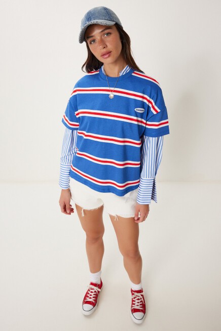 Çizgili Pamuklu Örme T-shirt LACİVERT LCR0077
