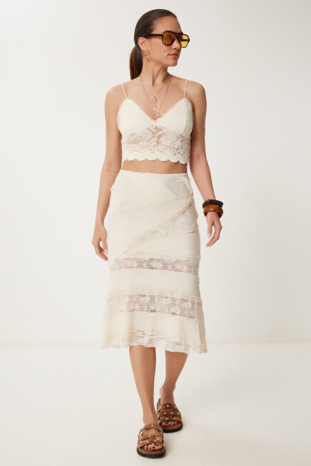 Dantelli Midi Örme Etek KREM LCR0075