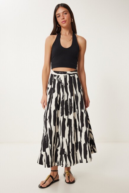 Desenli Poplin Midi Dokuma Etek SİYAH BEYAZ LCR0079