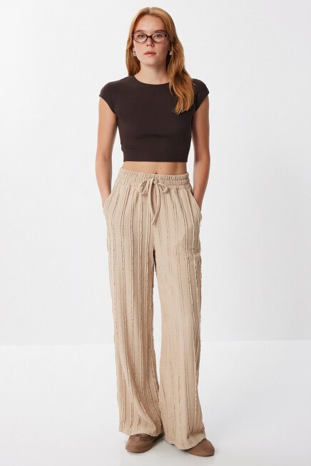 Dokulu Cepli Esnek Örme Pantolon KREM LCI0069