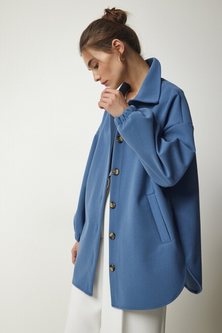 Düğmeli Cepli Oversize Gömlek Ceket İNDİGO MAVİ LDD0079